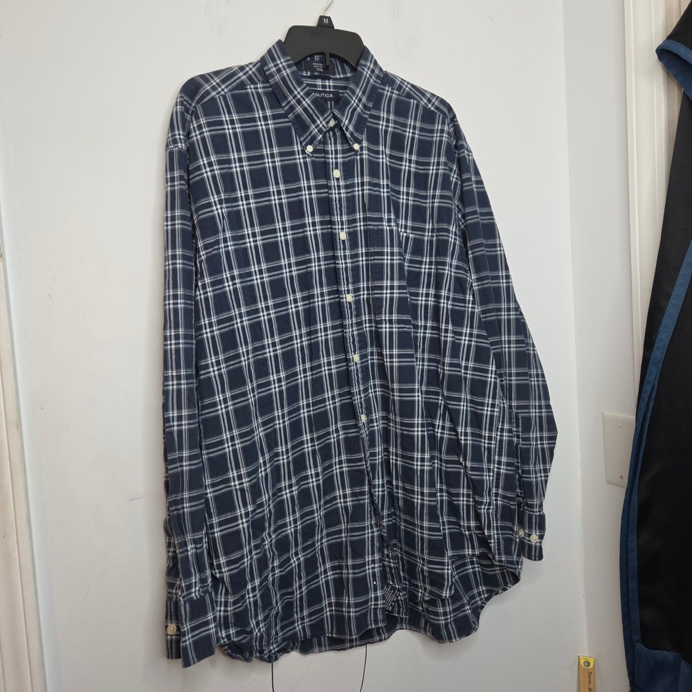 Nautica Mens XXL Navy Blue White Plaid Cotton Long Sleeve Button Down Shirt